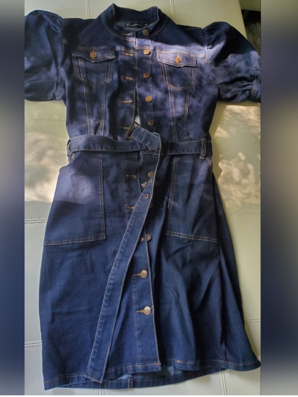 🍑 New York & Company Dark Denim Stretch Button Puff Sleeve Dress w/ Belt Large